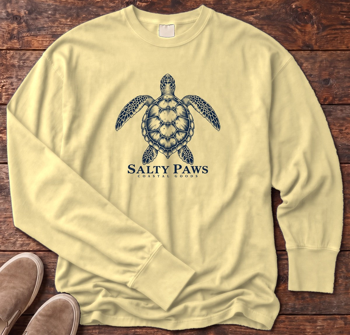 Sea Turtle Coastal Goods Long Sleeve Tee in Butter, Salty Paws Comfort Colors Long Sleeve Tee, front design flat lay