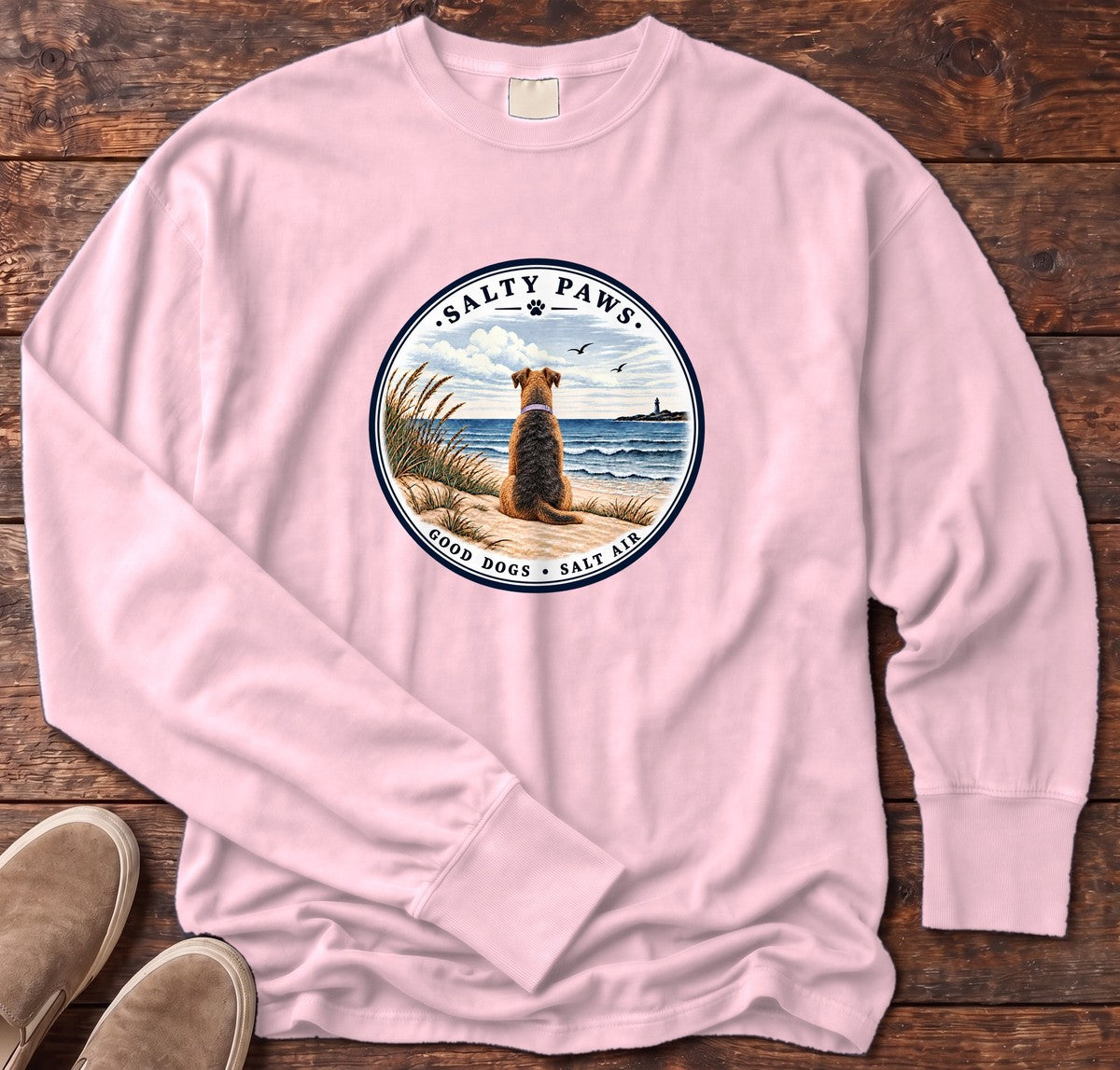 Good Dogs Salt Air Airedale Long Sleeve Tee in Blossom, Salty Paws Comfort Colors Long Sleeve Tee, front design flat lay