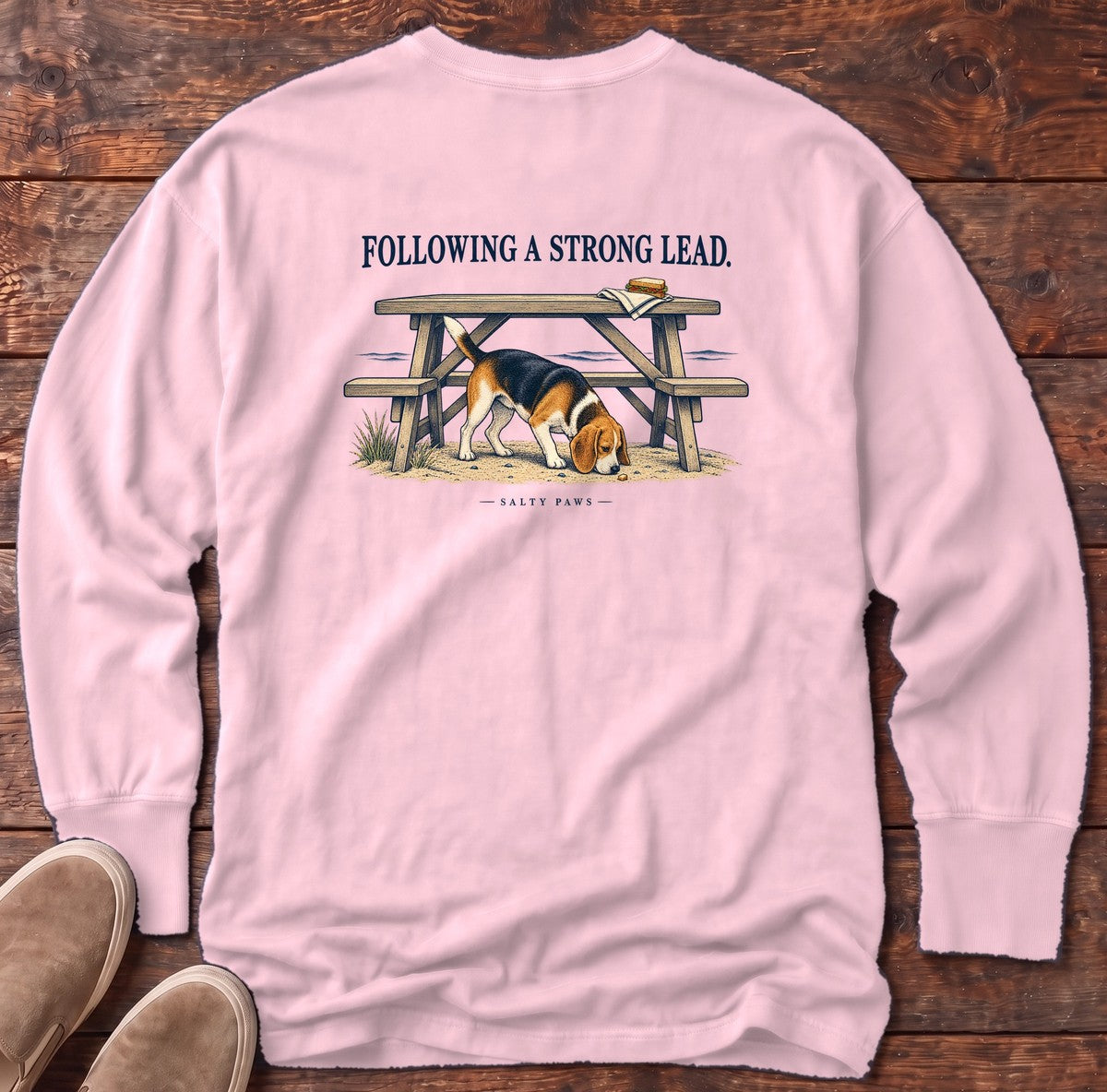 Following a Strong Lead Beagle Back Design Long Sleeve Tee in Blossom, Salty Paws Comfort Colors Long Sleeve Tee, back design flat lay
