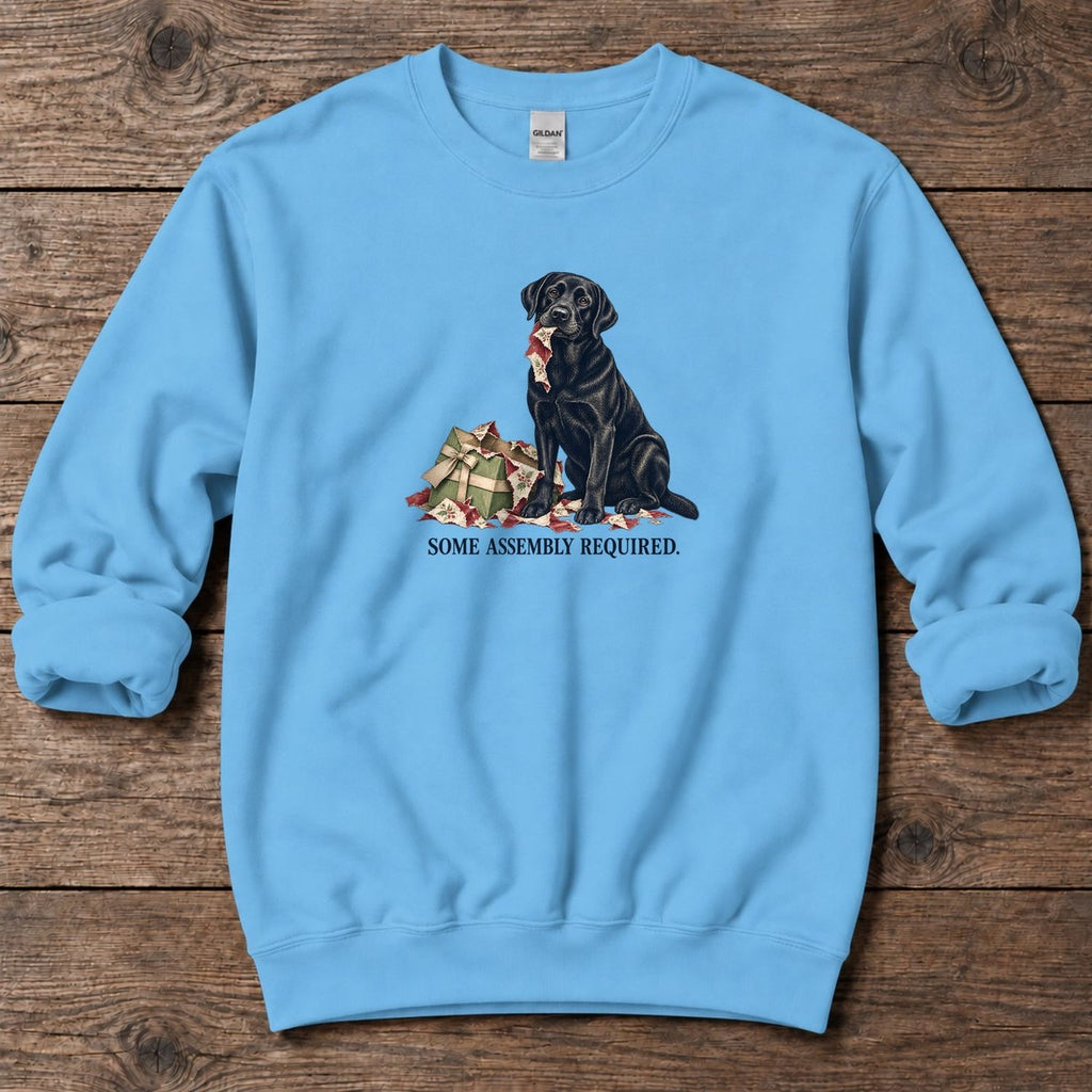 Some Assembly Required Black Lab Midweight Sweatshirt in Sky, Salty Paws Midweight Sweatshirt, front design flat lay