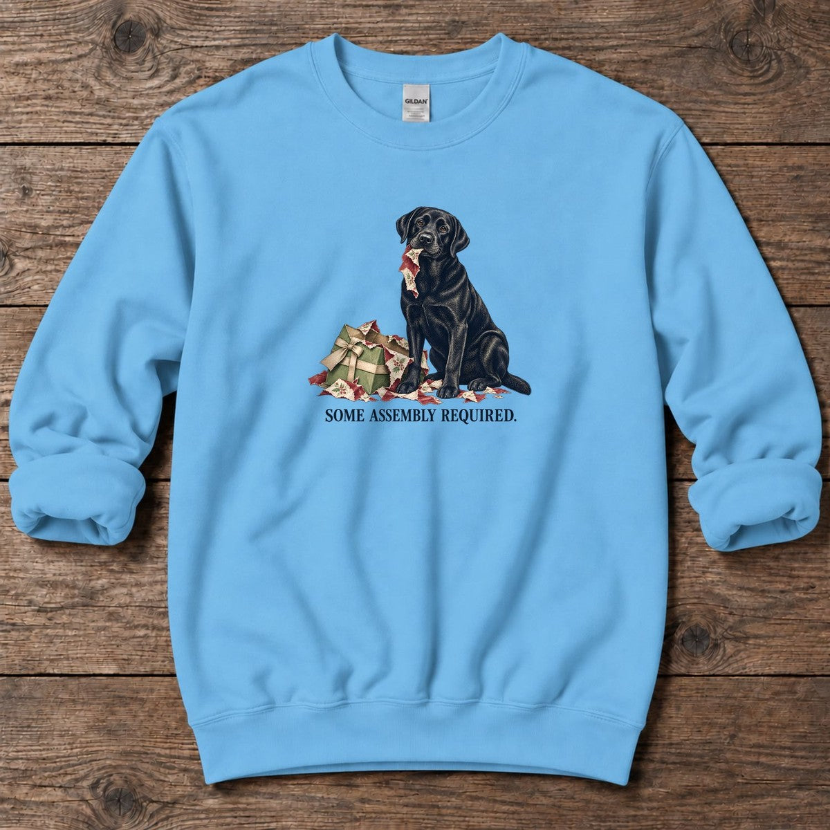 Some Assembly Required Black Lab Midweight Sweatshirt in Sky, Salty Paws Midweight Sweatshirt, front design flat lay