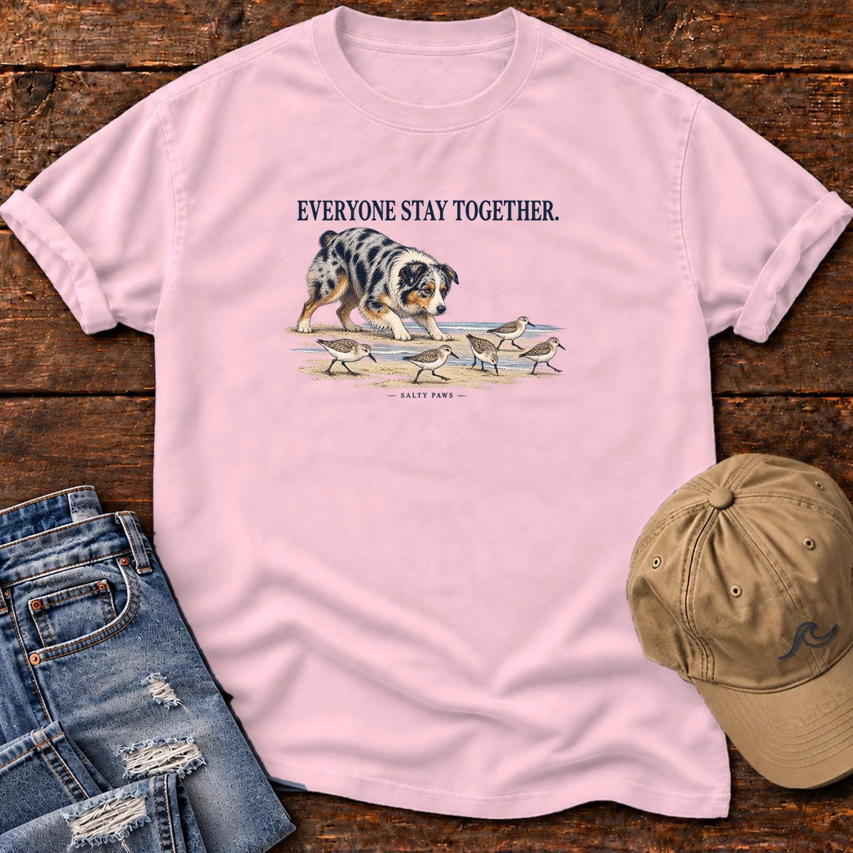 Everyone Stay Together Australian Shepherd T-Shirt in Blossom, Salty Paws Comfort Colors T-Shirt, front design flat lay