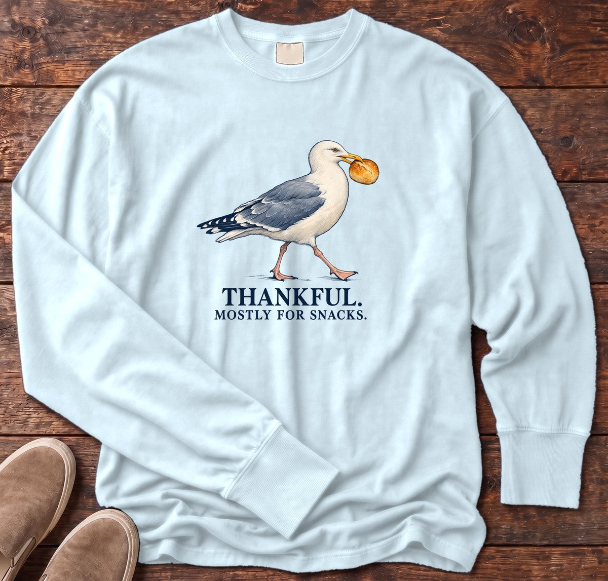 Thankful Mostly for Snacks Seagull Long Sleeve Tee in Chambray, Salty Paws Comfort Colors Long Sleeve Tee, front design flat lay