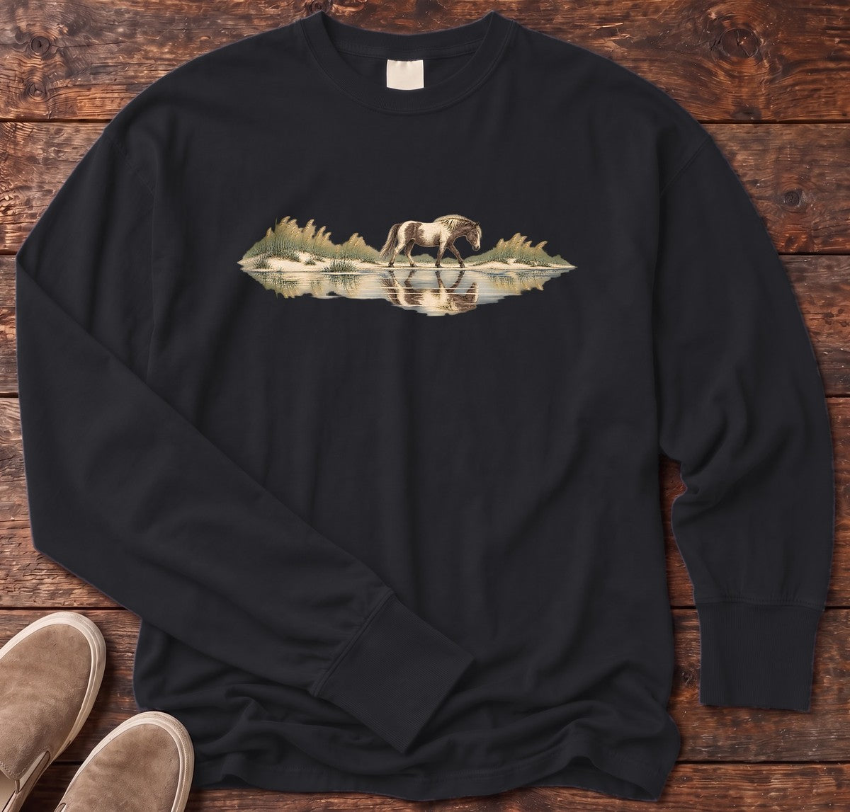 Assateague Pony Long Sleeve Tee in Black, Salty Paws Comfort Colors long sleeve tee