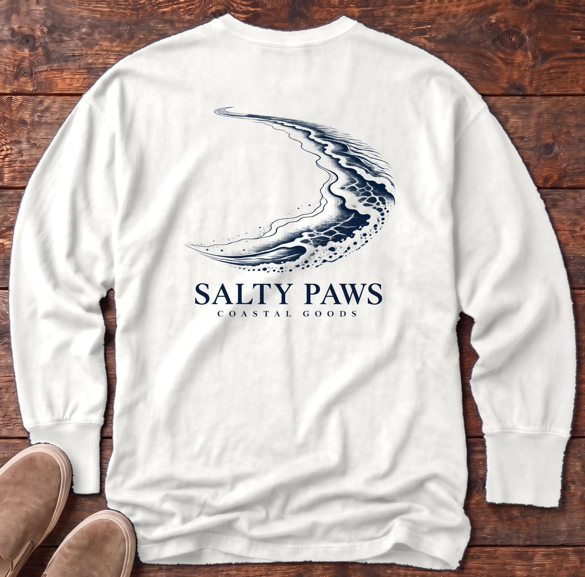 Crescent Shoreline Coastal Goods Back Design Long Sleeve Tee in White, Salty Paws Comfort Colors Long Sleeve Tee, back design flat lay