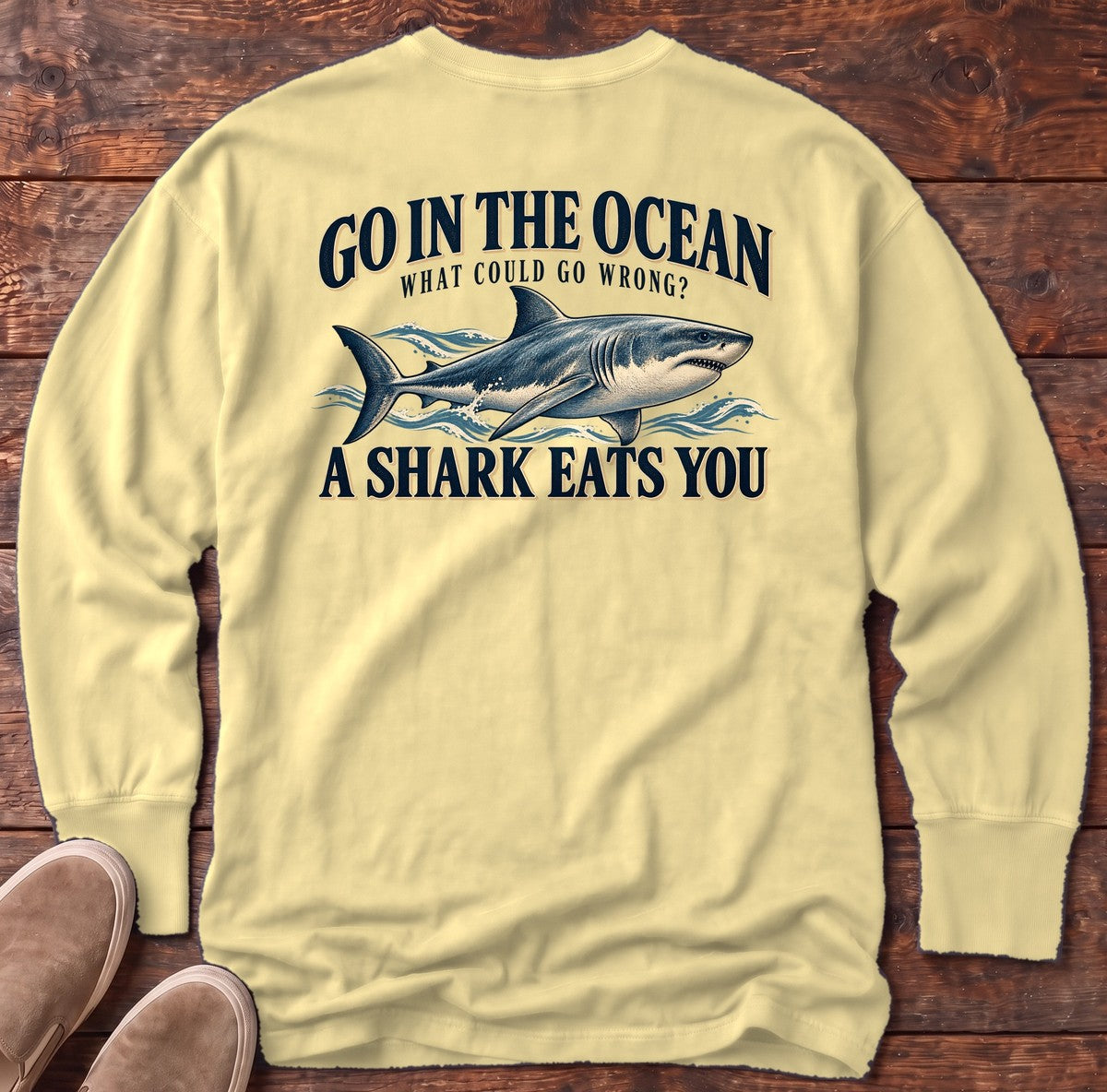 Go in the Ocean Shark Back Design Long Sleeve Tee in Butter, Salty Paws Comfort Colors long sleeve tee
