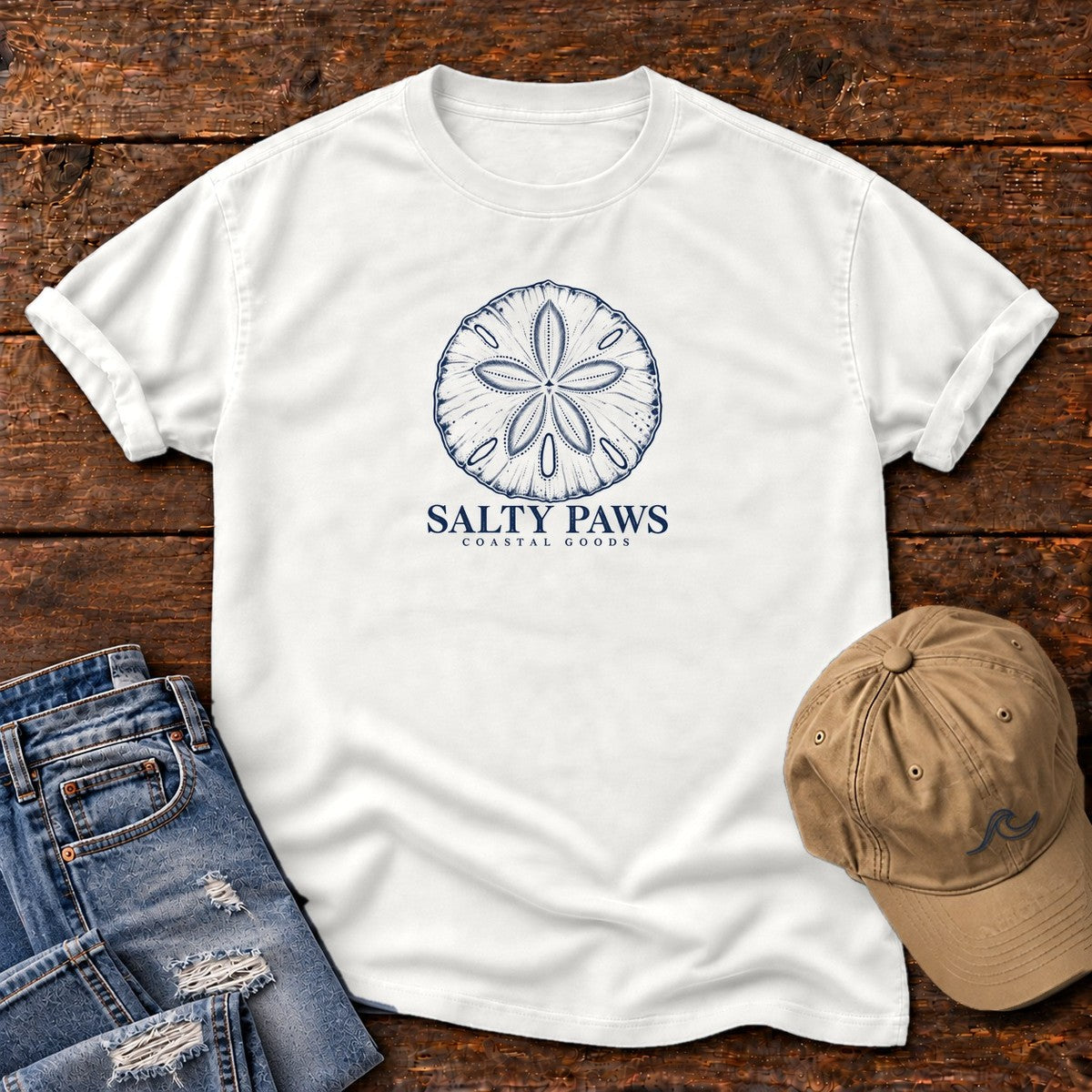 Sand Dollar T-Shirt in White, Salty Paws Comfort Colors T-Shirt, front design flat lay