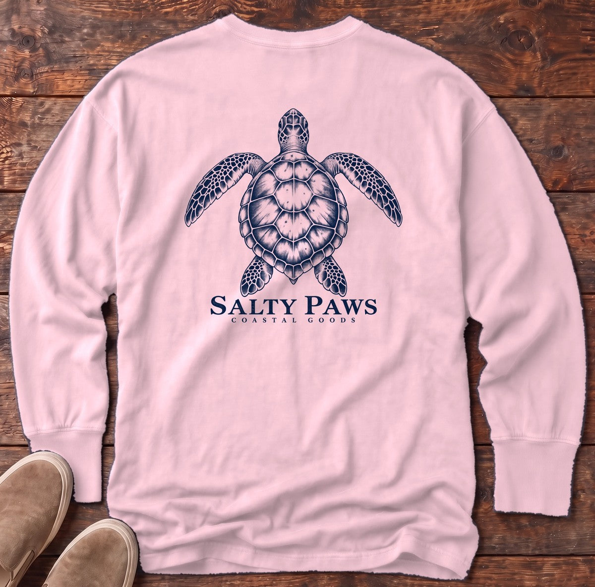 Sea Turtle Coastal Goods Back Design Long Sleeve Tee in Blossom, Salty Paws Comfort Colors Long Sleeve Tee, back design flat lay