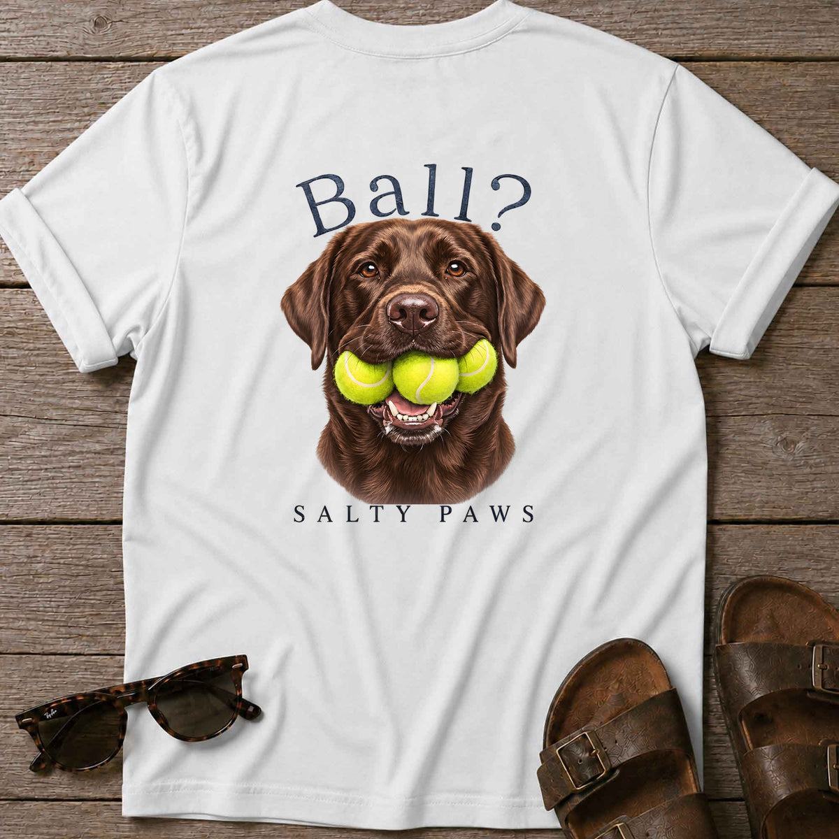 Ball? Chocolate Lab Back Design T-Shirt in White, back design flat lay