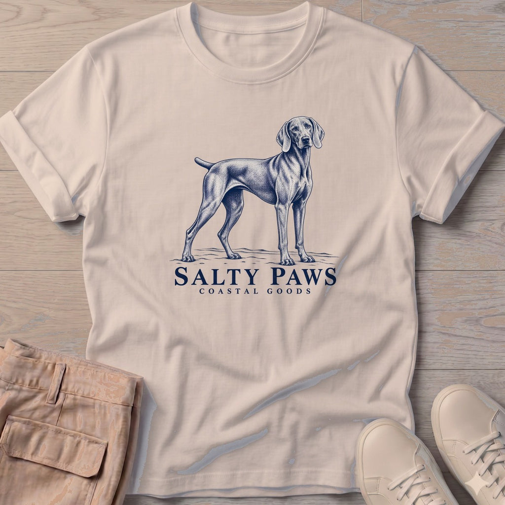 Weimaraner Coastal Goods T-Shirt in Sand, Salty Paws T-Shirt, front design flat lay