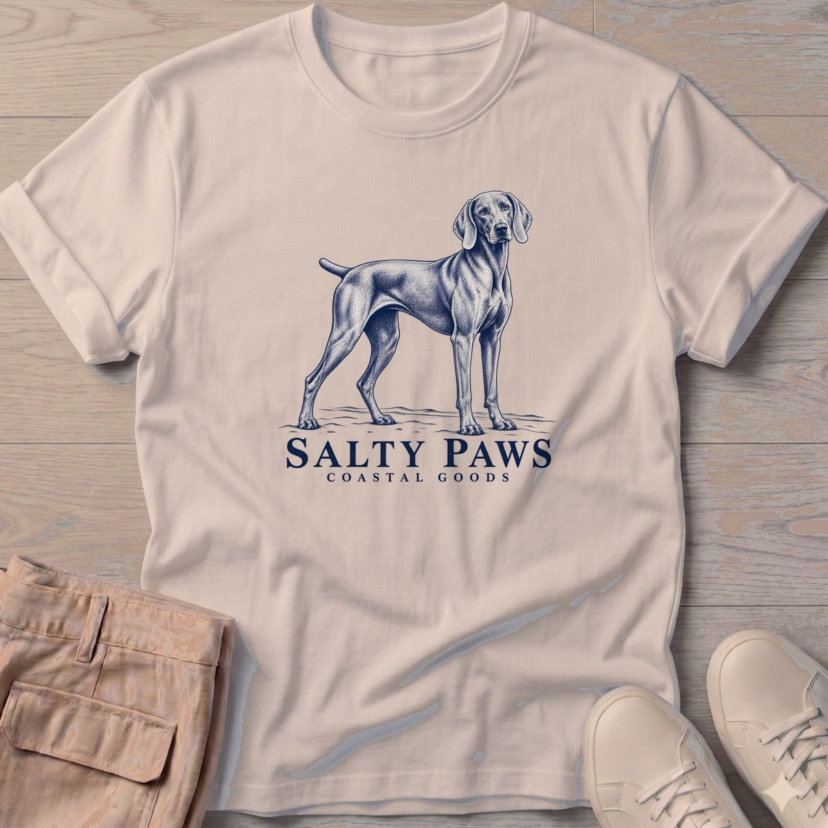 Weimaraner Coastal Goods T-Shirt in Sand, Salty Paws T-Shirt, front design flat lay