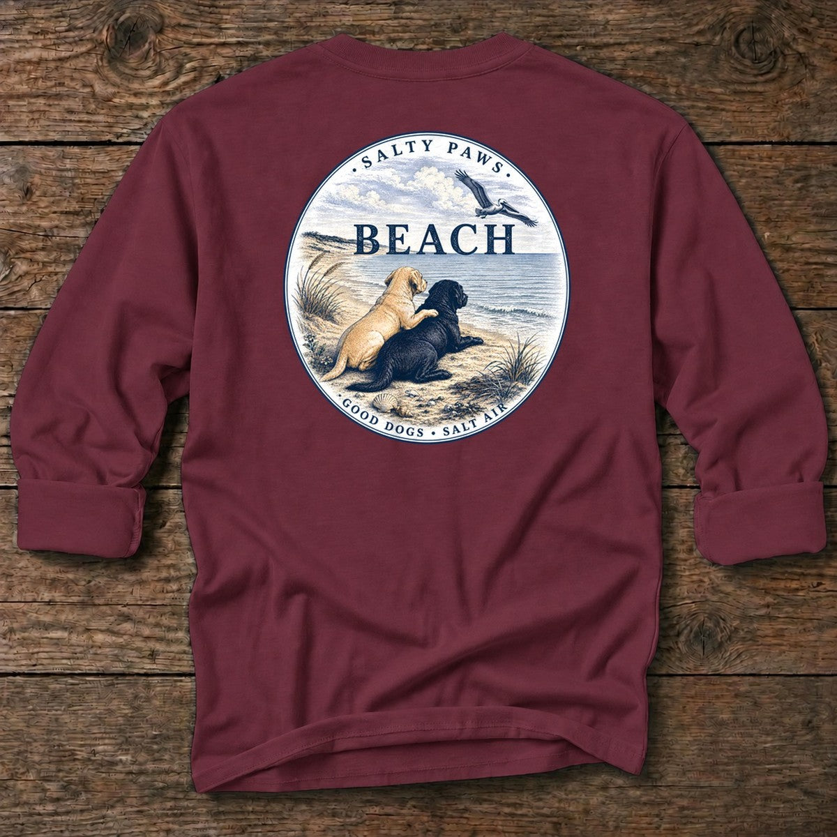 BEACH Pelican Labradors Back Design T-Shirt in Maroon, Salty Paws coastal long sleeve tee