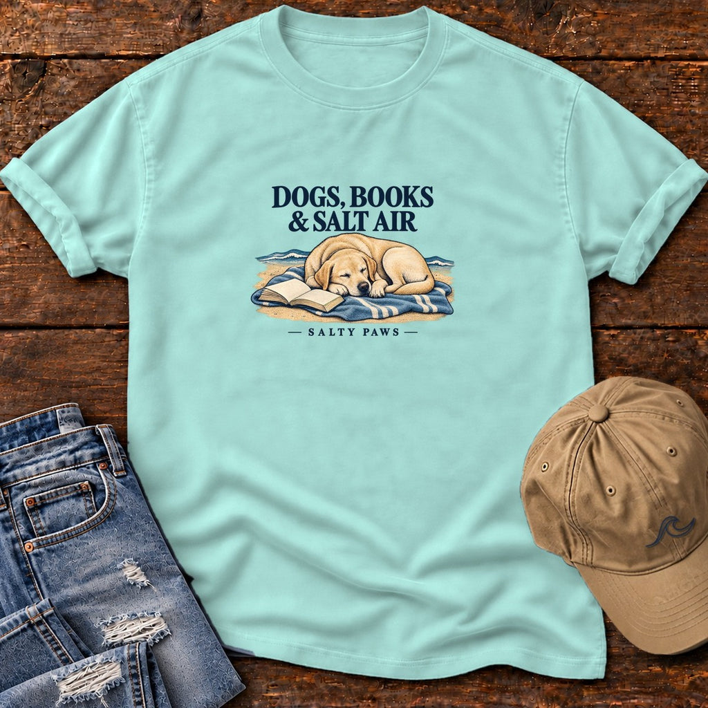 Dogs, Books & Salt Air Yellow Lab T-Shirt in Chalky Mint, Salty Paws Comfort Colors T-Shirt, front design flat lay