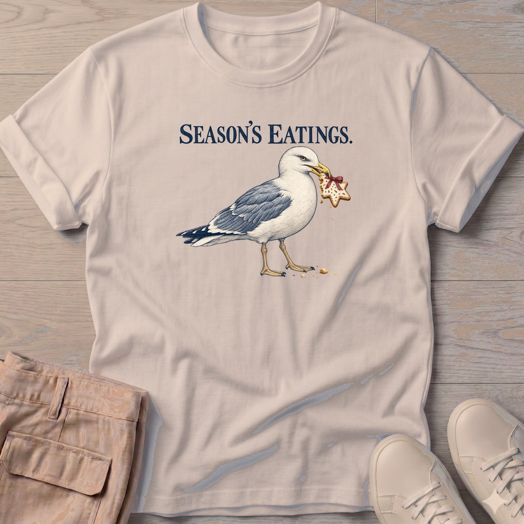 Season's Eatings Seagull T-Shirt in Sand, Salty Paws T-Shirt, front design flat lay