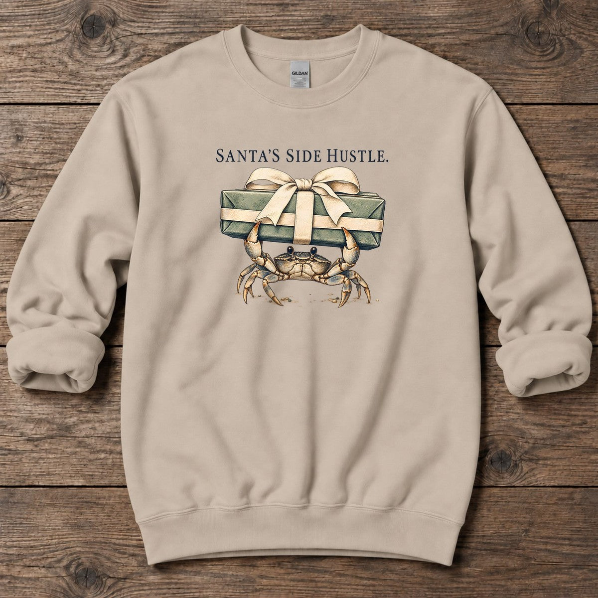 Santa's Side Hustle Crab Midweight Sweatshirt in Sand, Salty Paws Midweight Sweatshirt, front design flat lay