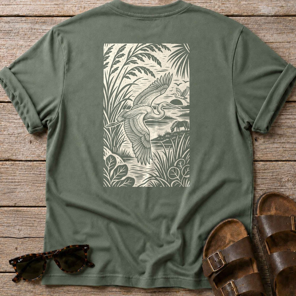 Egret Woodcut Back Design T-Shirt in Military Green, Salty Paws coastal t-shirt