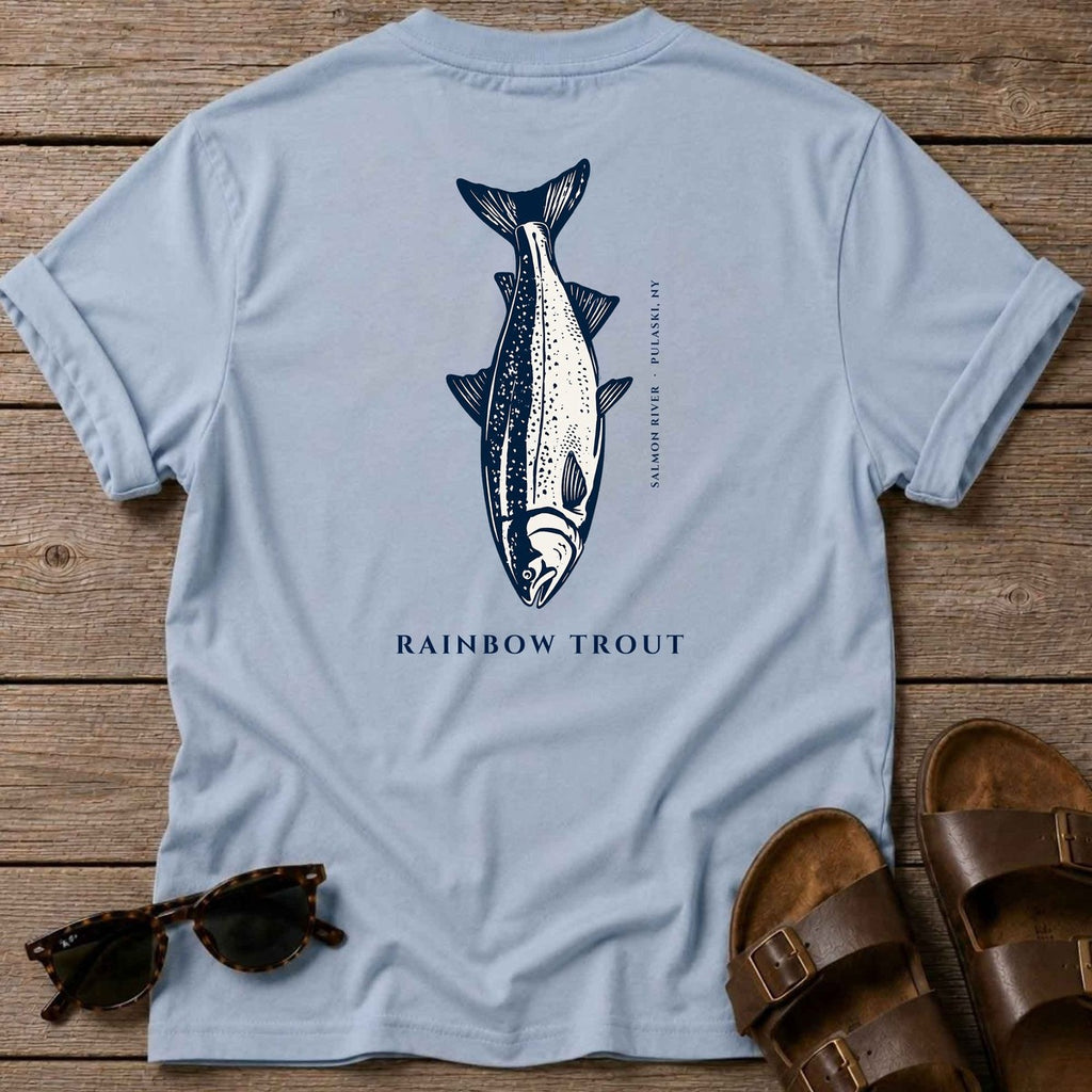 Rainbow Trout Salmon River back design tee in Light Blue