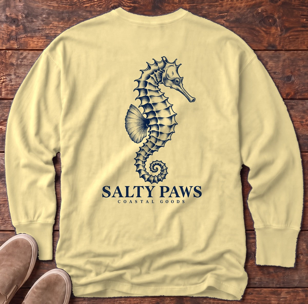 Seahorse Coastal Goods Back Design Long Sleeve Tee in Butter, Salty Paws Comfort Colors Long Sleeve Tee, back design flat lay