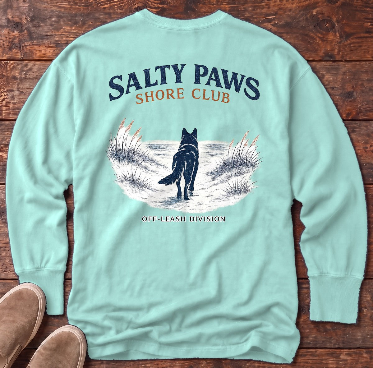 SP Shore Shepherd Back Design Long Sleeve Tee in Chalky Mint, Salty Paws Comfort Colors long sleeve tee