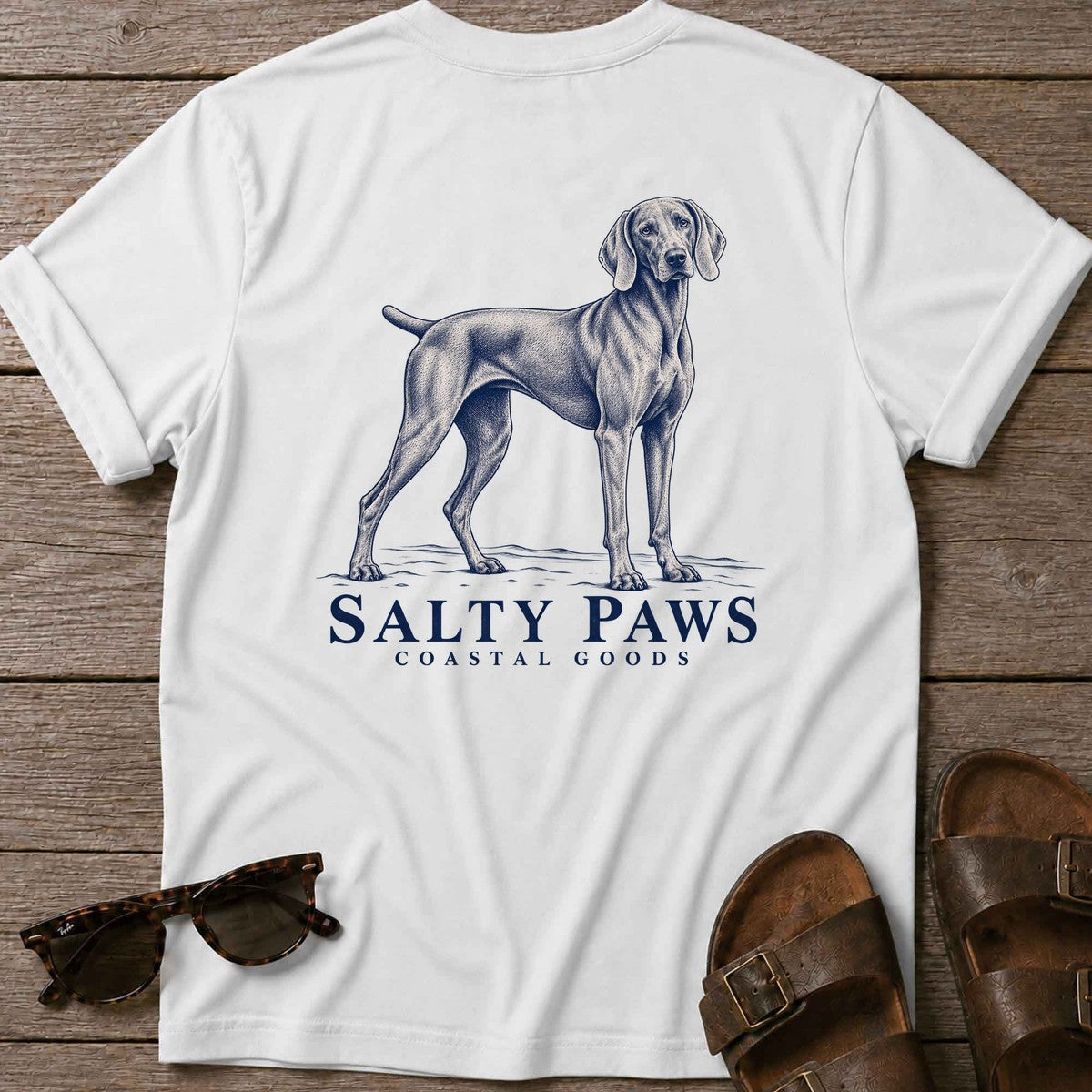 Weimaraner Coastal Goods Back Design T-Shirt in White, Salty Paws T-Shirt, back design flat lay