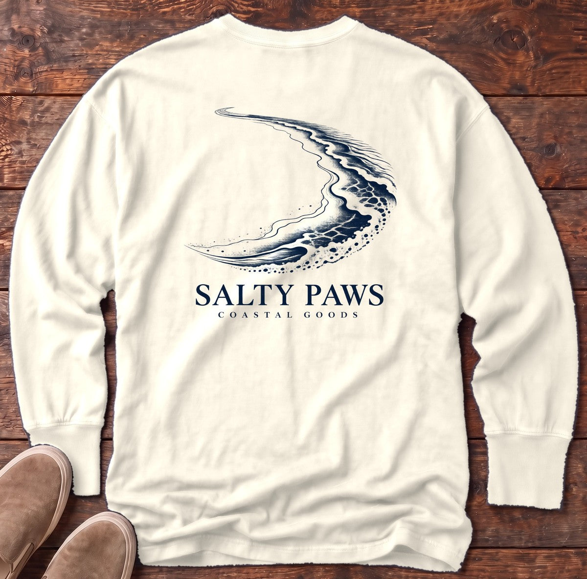 Crescent Shoreline Coastal Goods Back Design Long Sleeve Tee in Ivory, Salty Paws Comfort Colors Long Sleeve Tee, back design flat lay