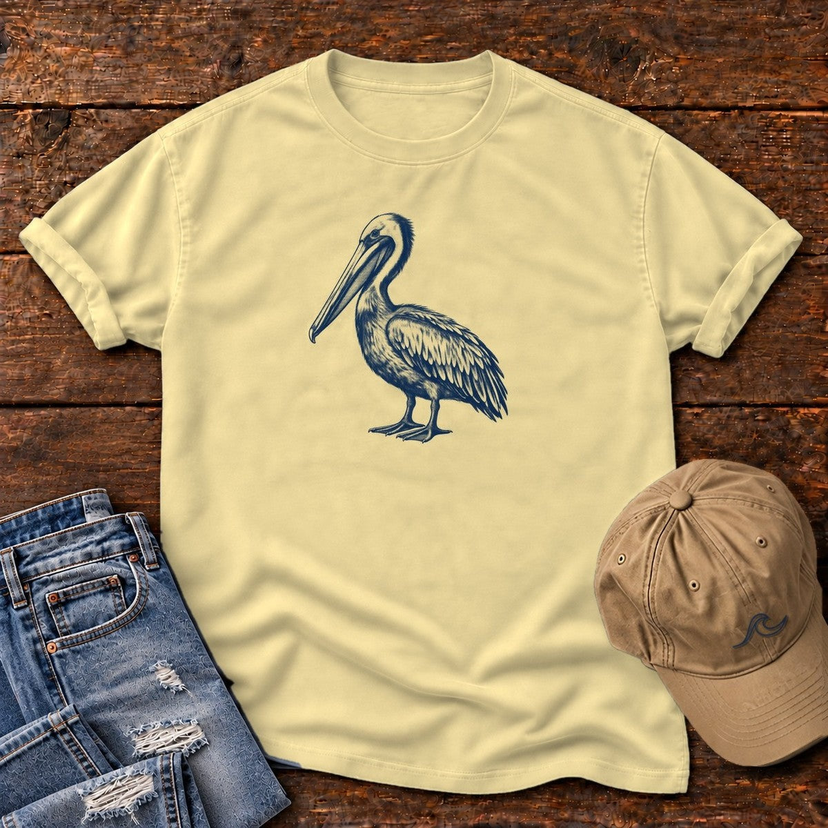 Navy Pelican Portrait T-Shirt in Butter, Salty Paws Comfort Colors T-Shirt, front design flat lay