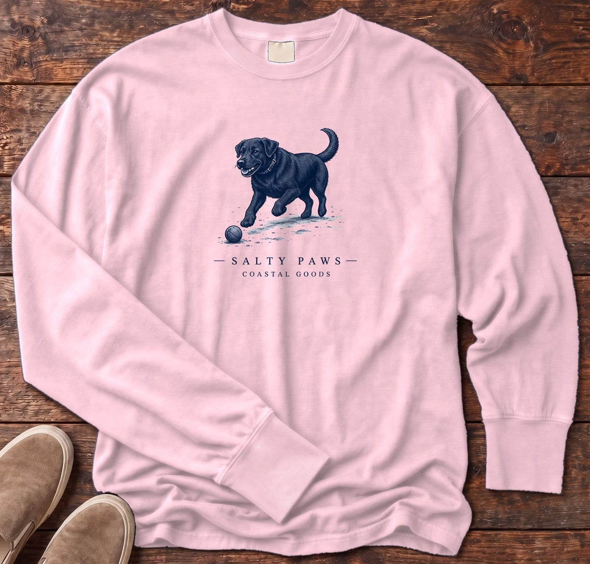Black Labrador Ball Long Sleeve Tee in Blossom, Salty Paws Comfort Colors long sleeve tee