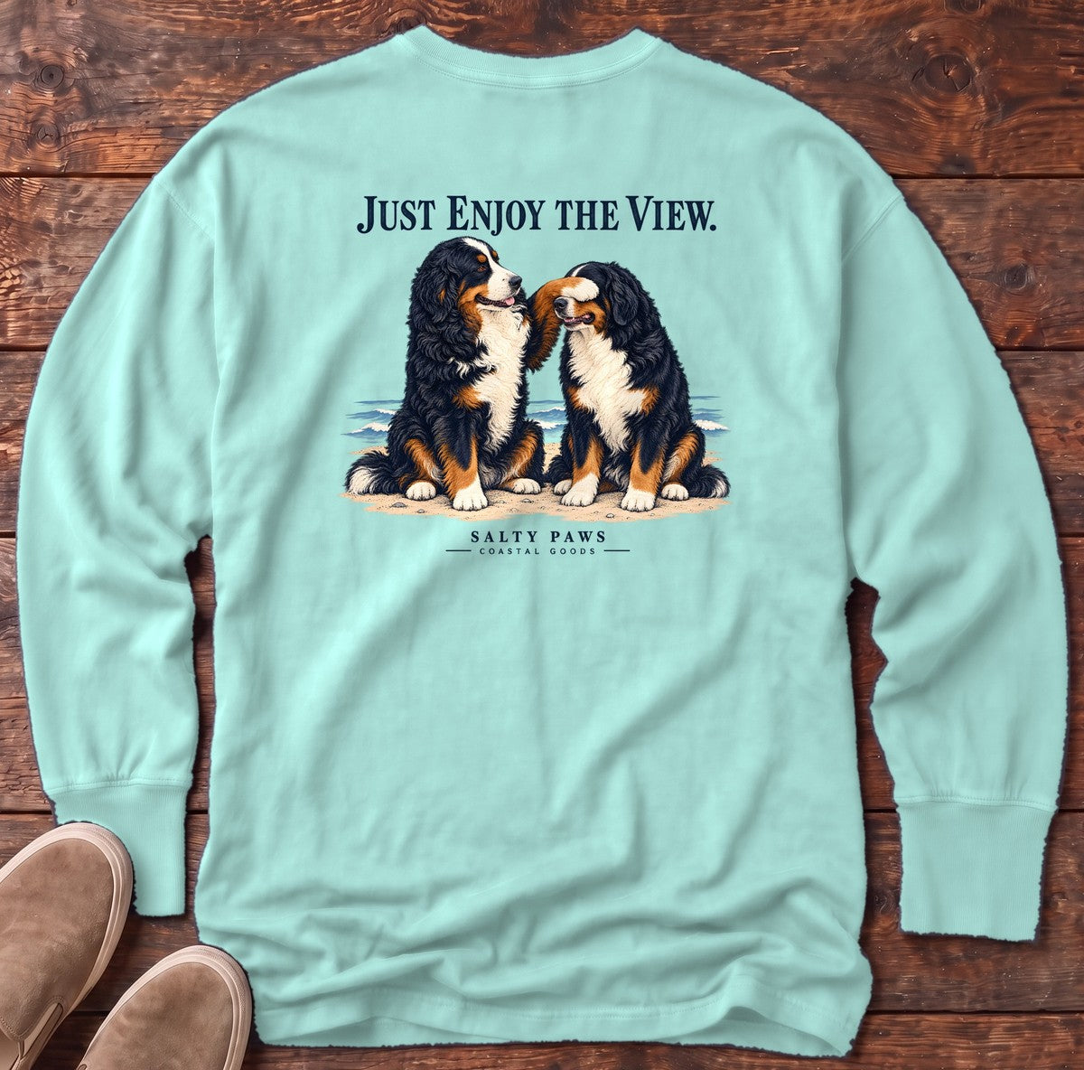 Just Enjoy the View Bernese Back Design Long Sleeve Tee in Chalky Mint, Salty Paws Comfort Colors long sleeve tee