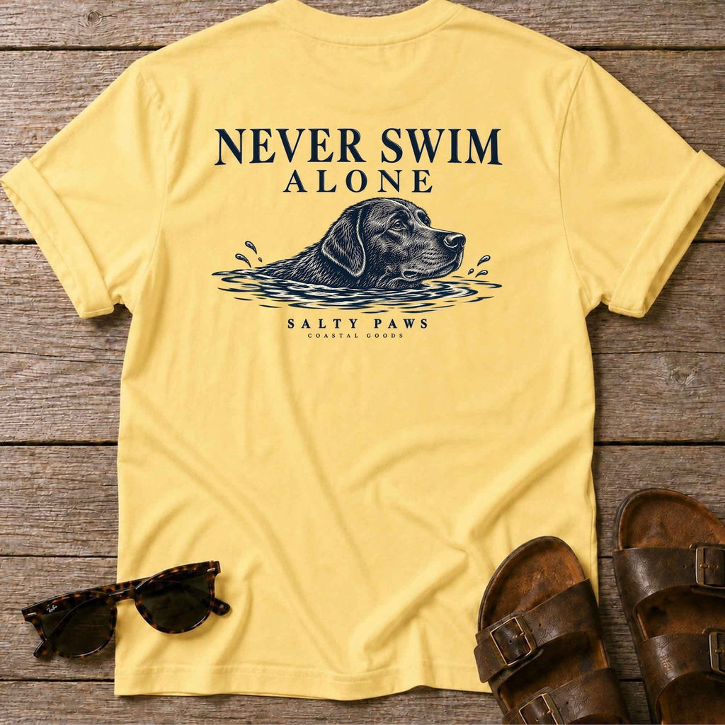 Never Swim Alone Black Lab Back Design T-Shirt in Daisy, Salty Paws coastal t-shirt