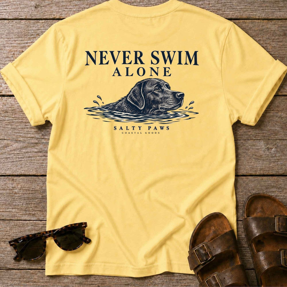 Never Swim Alone Black Lab Back Design T-Shirt in Daisy, Salty Paws coastal t-shirt
