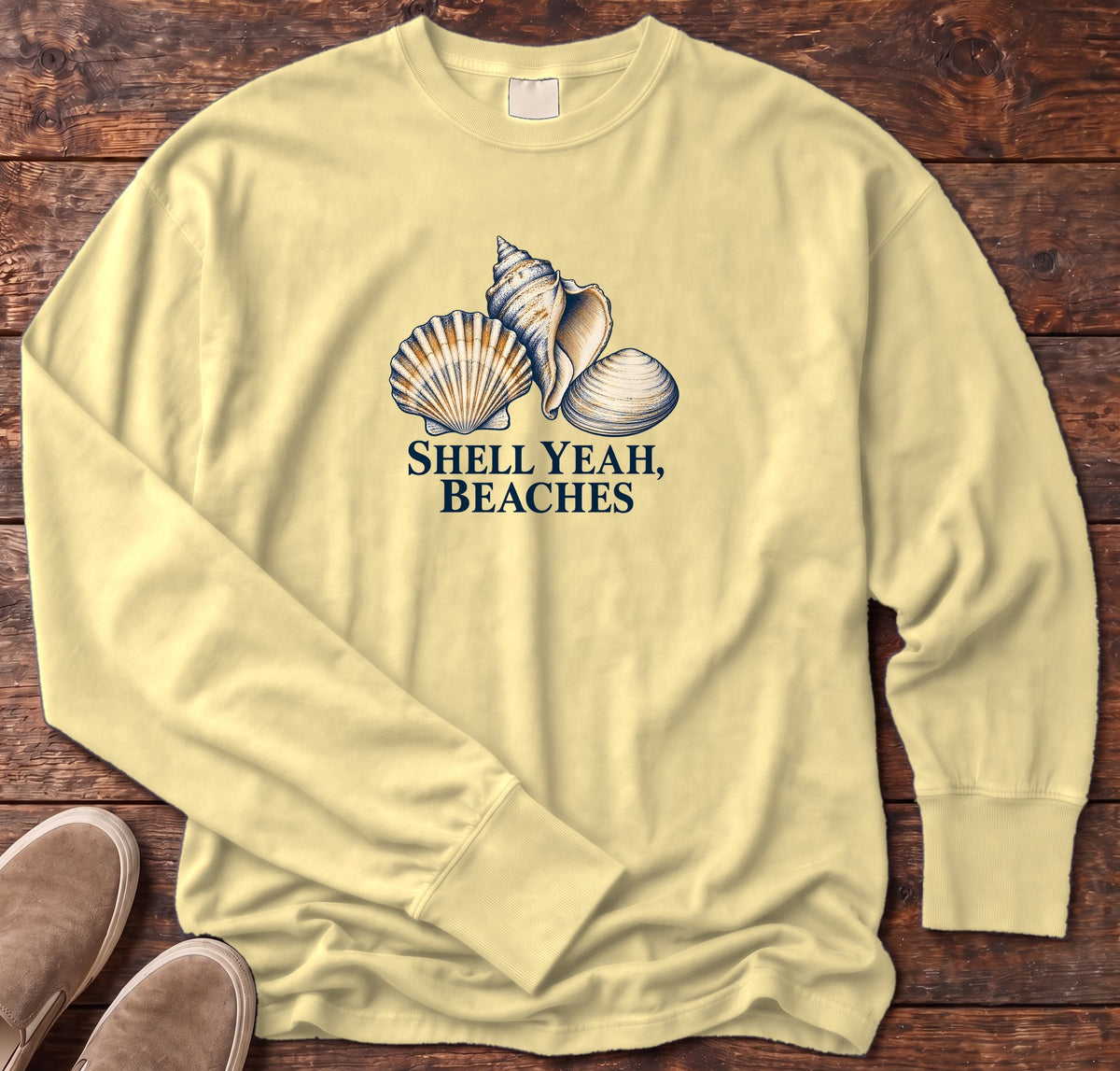 Shell Yeah Beaches Long Sleeve Tee in Butter, Salty Paws Comfort Colors Long Sleeve Tee, front design flat lay