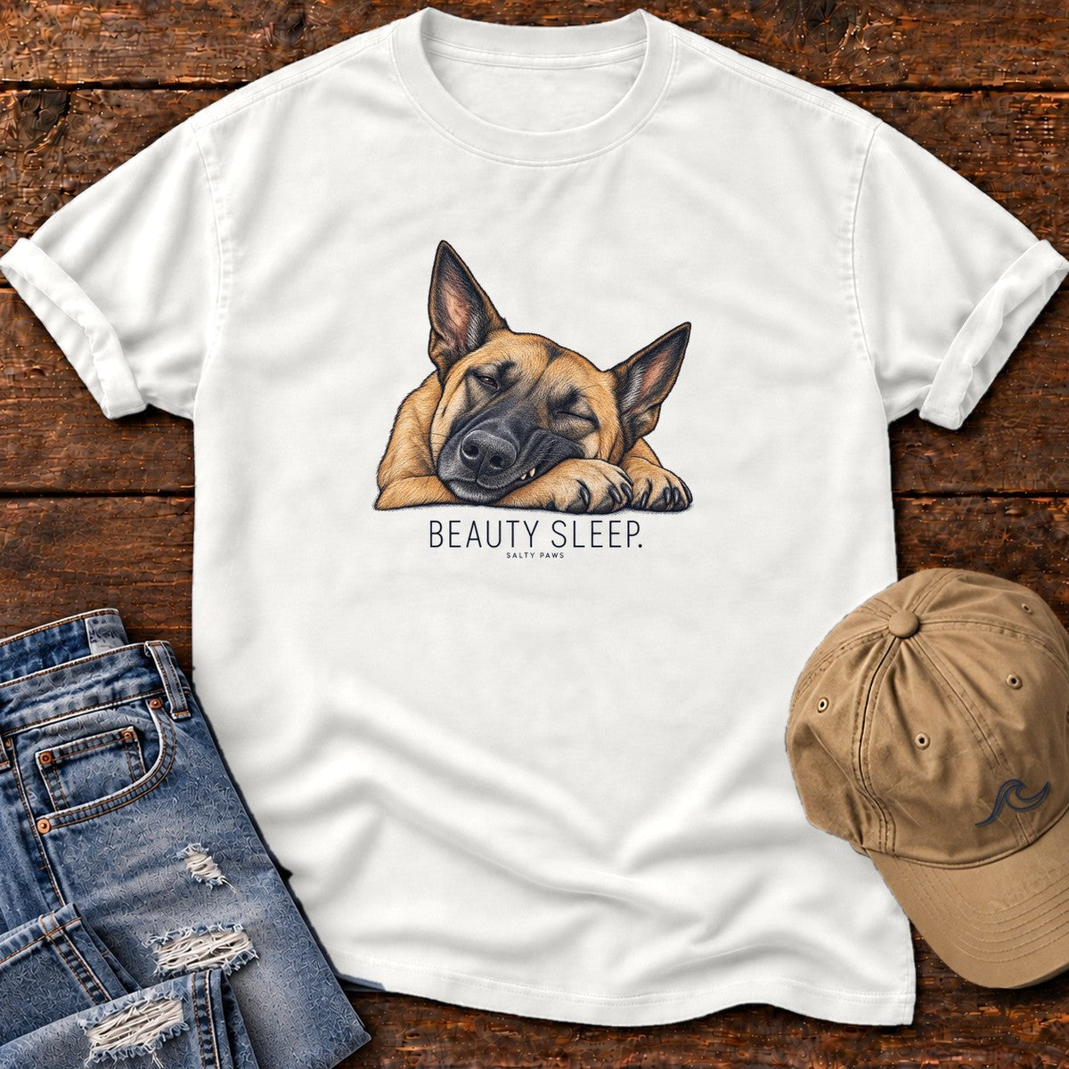 Beauty Sleep Belgian Malinois T-Shirt in White, Salty Paws Comfort Colors T-Shirt, front design flat lay