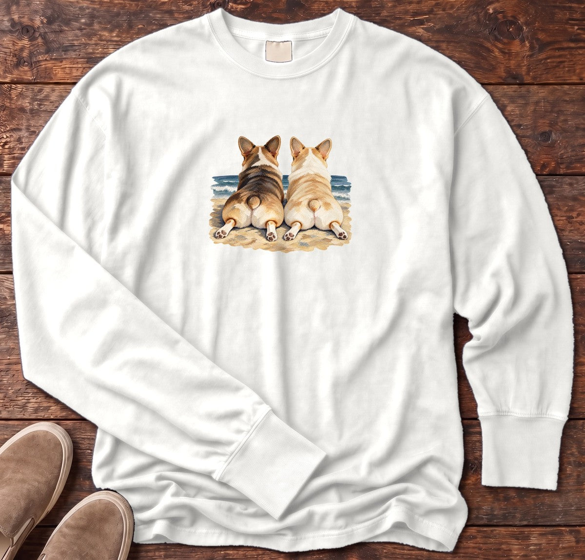 Two Corgis at the Ocean Long Sleeve Tee in White, Salty Paws Comfort Colors Long Sleeve Tee, front design flat lay