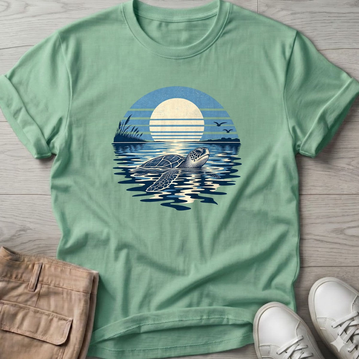 Moonlit Sea Turtle T-Shirt in Mint Green