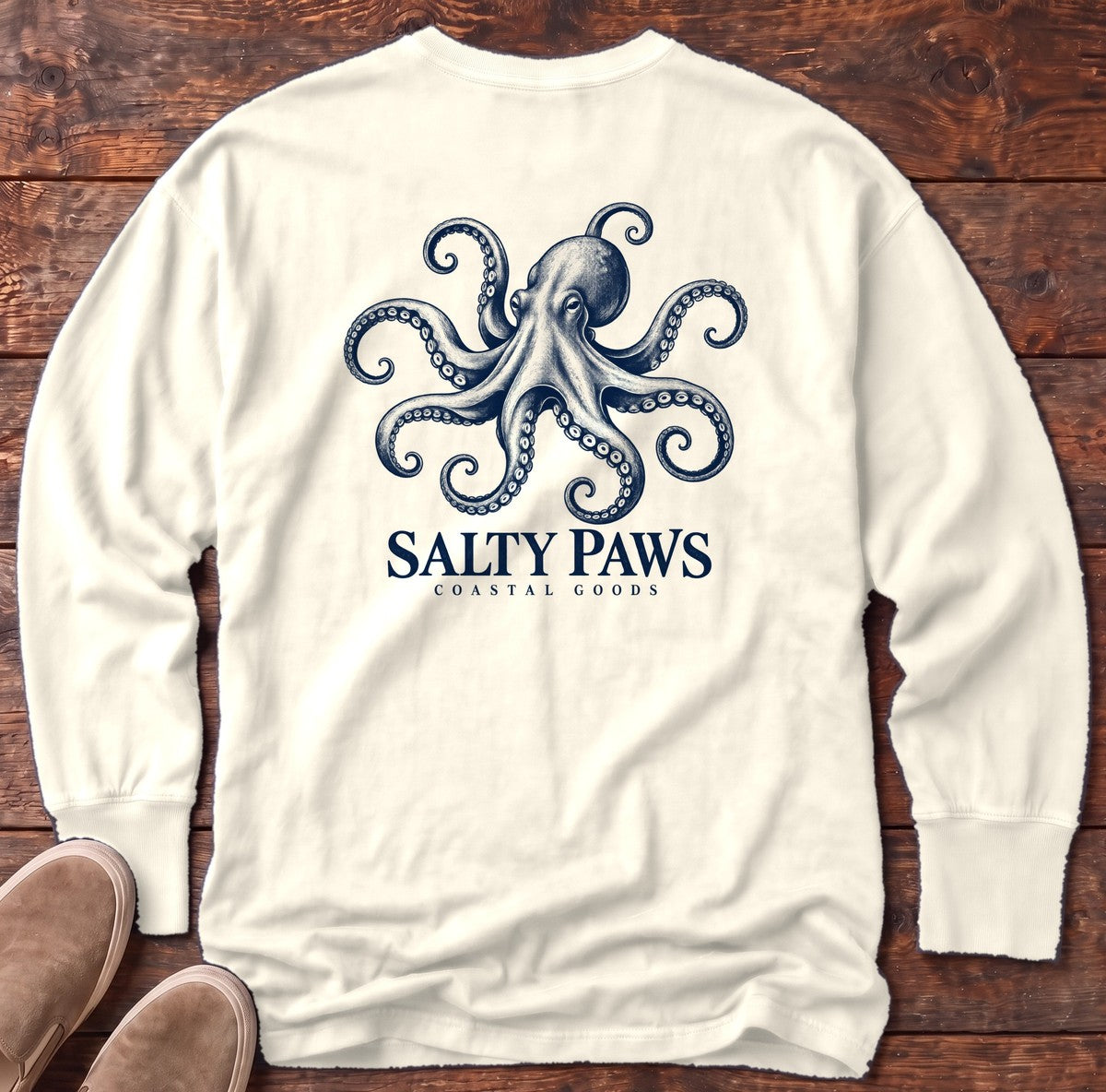 Octopus Coastal Goods Back Design Long Sleeve Tee in Ivory, Salty Paws Comfort Colors Long Sleeve Tee, back design flat lay