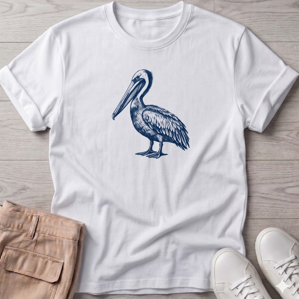 Navy Pelican Portrait T-Shirt in White, Salty Paws T-Shirt, front design flat lay