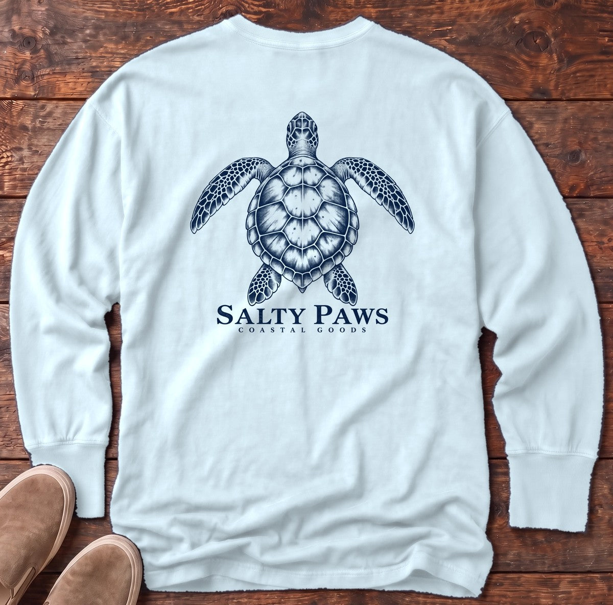 Sea Turtle Coastal Goods Back Design Long Sleeve Tee in Chambray, Salty Paws Comfort Colors Long Sleeve Tee, back design flat lay