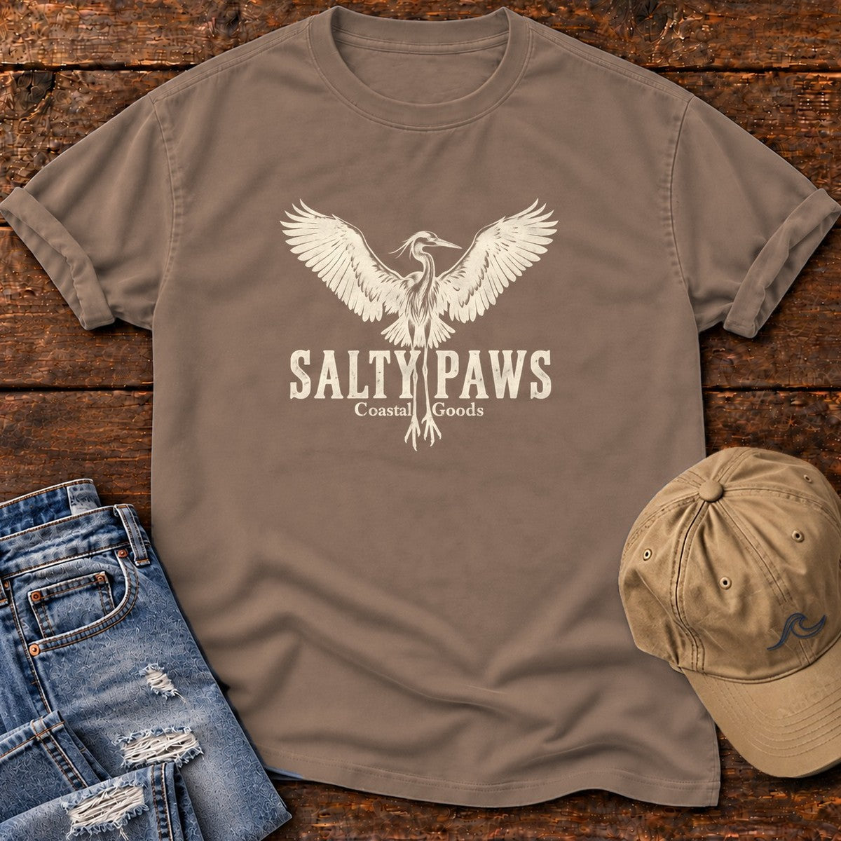 Rising Heron Salty Paws Coastal Goods T-Shirt in Espresso, Salty Paws Comfort Colors T-Shirt, front design flat lay