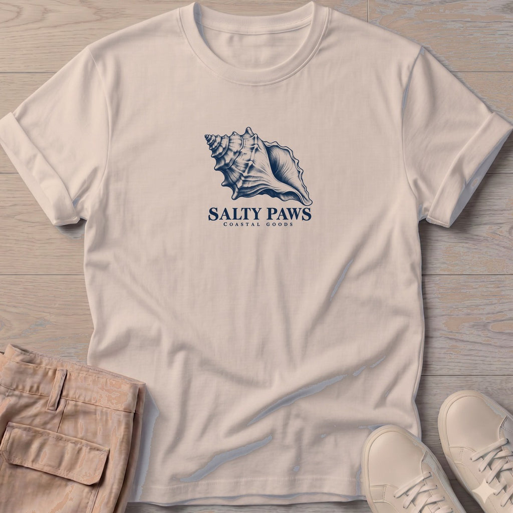 Conch Shell T-Shirt in Sand, Salty Paws T-Shirt, front design flat lay