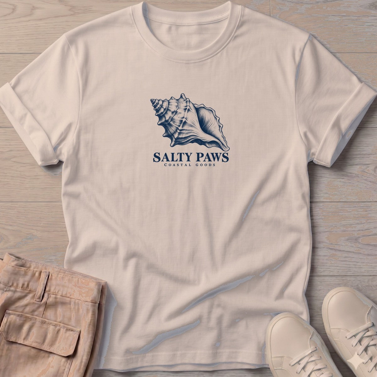 Conch Shell T-Shirt in Sand, Salty Paws T-Shirt, front design flat lay