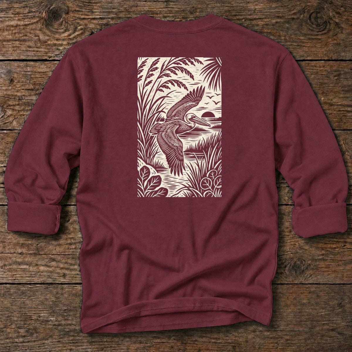 Pelican Woodcut Back Design T-Shirt in Maroon, Salty Paws coastal long sleeve tee