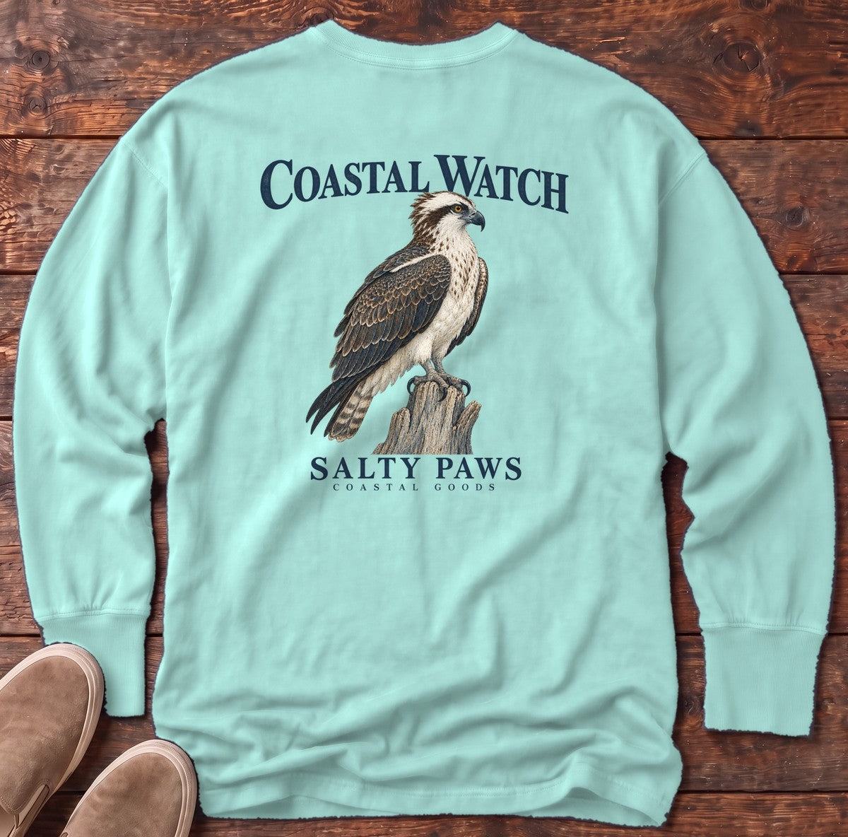 Coastal Watch Osprey Salty Paws Coastal Goods Back Design Long Sleeve Tee in Chalky Mint, Salty Paws Comfort Colors Long Sleeve Tee, back design flat lay