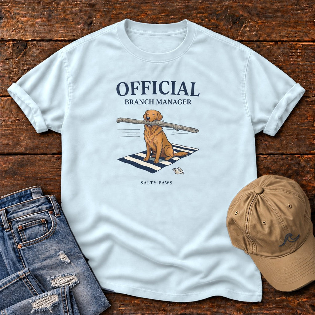 Official Branch Manager Golden Retriever Comfort Colors T-Shirt in Chambray, front design flat lay