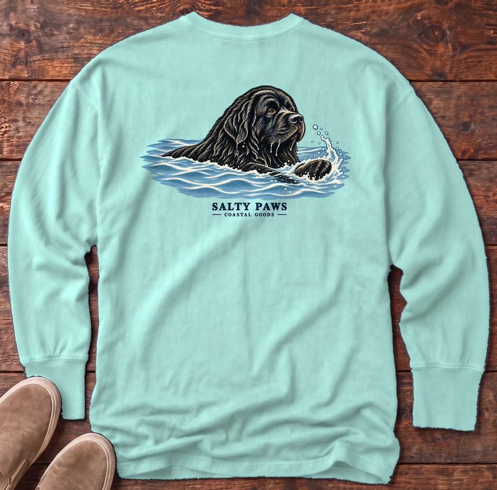 Swimming Newfoundland Back Design Long Sleeve Tee in Chalky Mint, Salty Paws Comfort Colors Long Sleeve Tee, back design flat lay