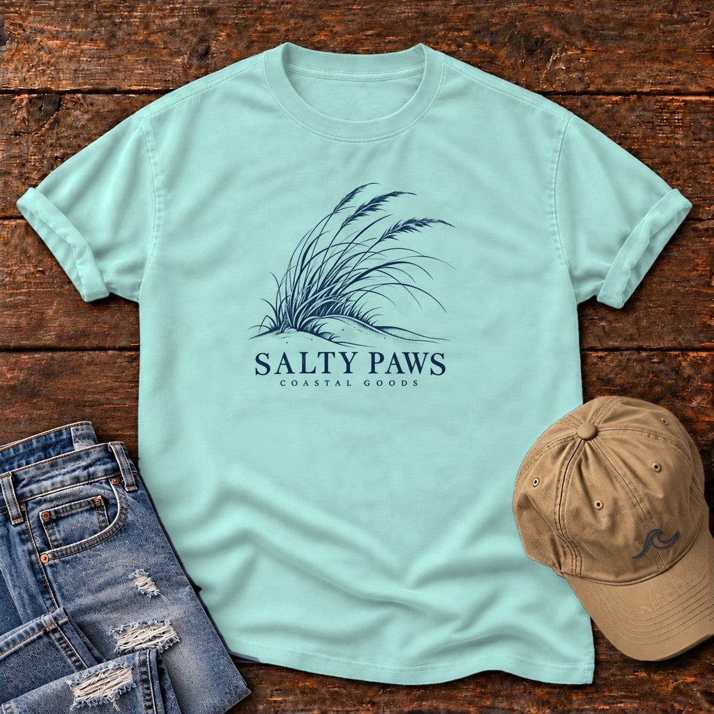 Salty Paws Dune Grass T-Shirt in Chalky Mint, Salty Paws Comfort Colors T-Shirt, front design flat lay