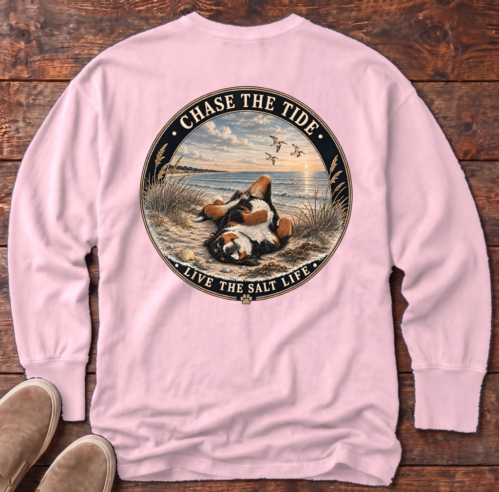 Chase the Tide Bernese Mountain Dog Back Design Long Sleeve Tee in Blossom, Salty Paws Comfort Colors long sleeve tee
