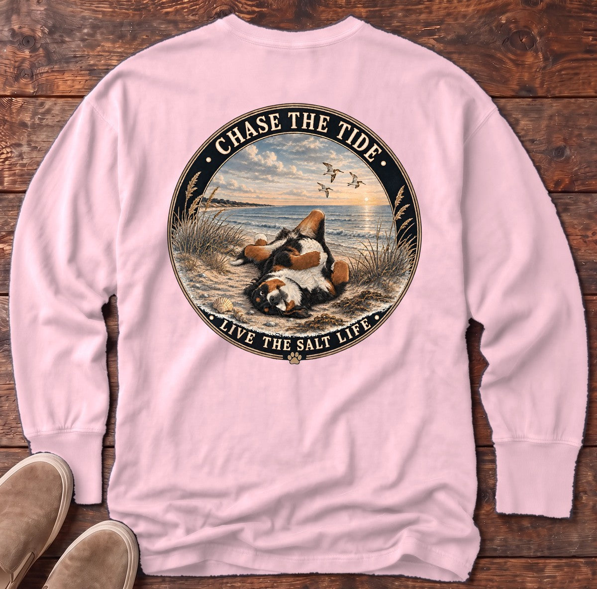 Chase the Tide Bernese Mountain Dog Back Design Long Sleeve Tee in Blossom, Salty Paws Comfort Colors long sleeve tee