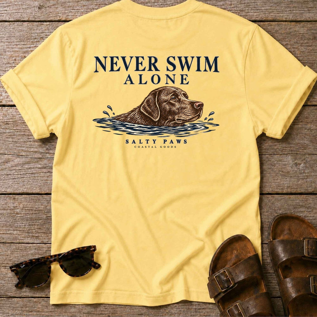 Never Swim Alone Chocolate Lab Back Design T-Shirt in Daisy, back design flat lay