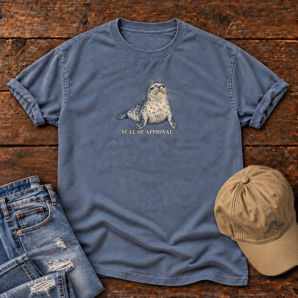 Seal of Approval T-Shirt in Blue Jean, Salty Paws Comfort Colors T-Shirt, front design flat lay