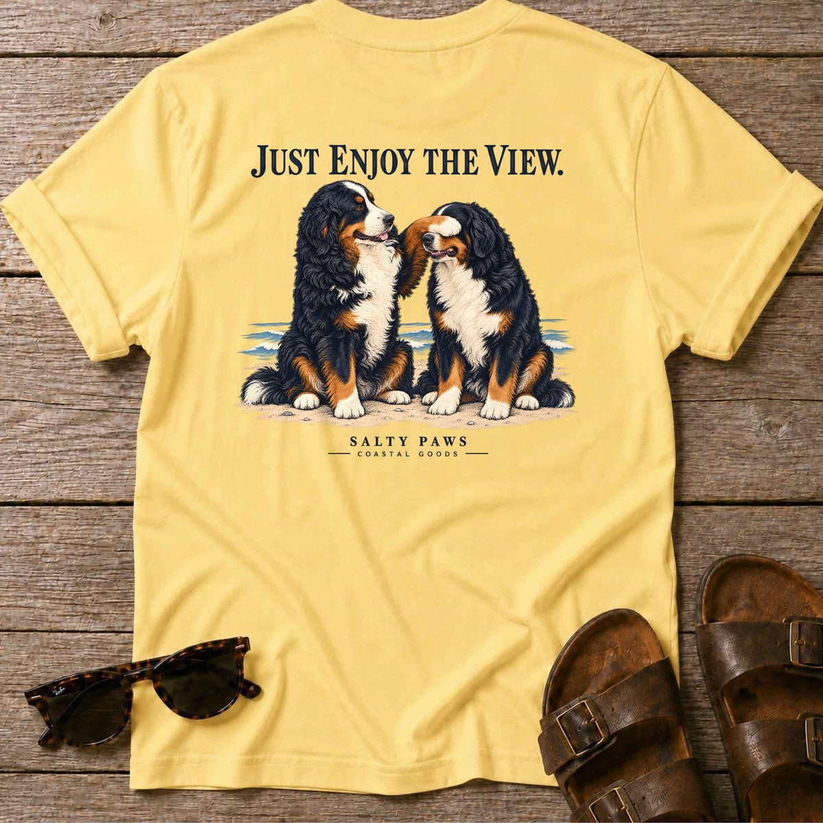 Just Enjoy the View Bernese Back Design T-Shirt in Daisy, Salty Paws T-Shirt, back design flat lay